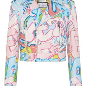 Philipp Plein graffiti-logo cropped leather biker jacket
