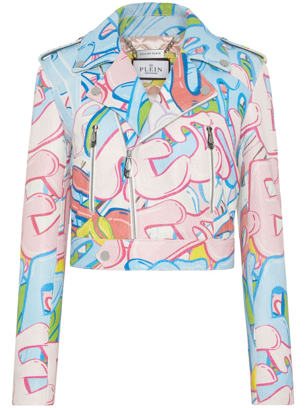 Philipp Plein graffiti-logo cropped leather biker jacket