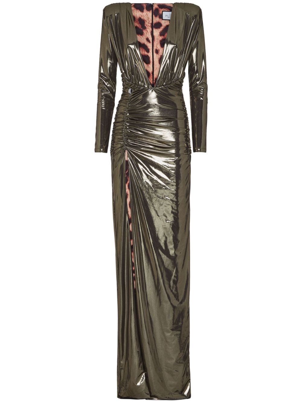 Philipp Plein Lamé Jersey Padded Shoulder Lond Dress