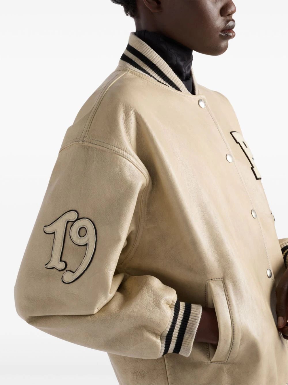 Prada logo-appliqué leather bomber jacket - Image 3