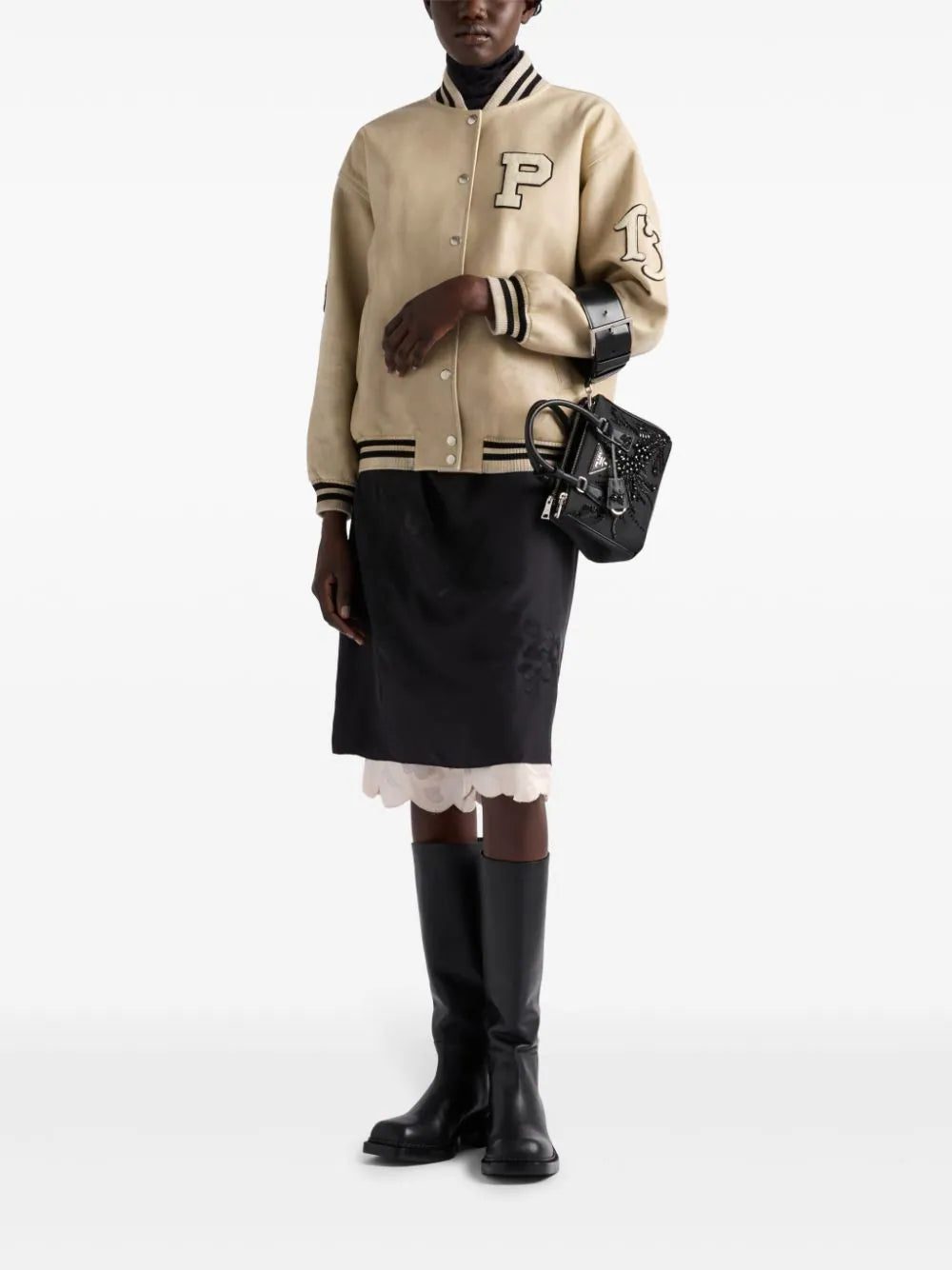 Prada logo-appliqué leather bomber jacket - Image 2