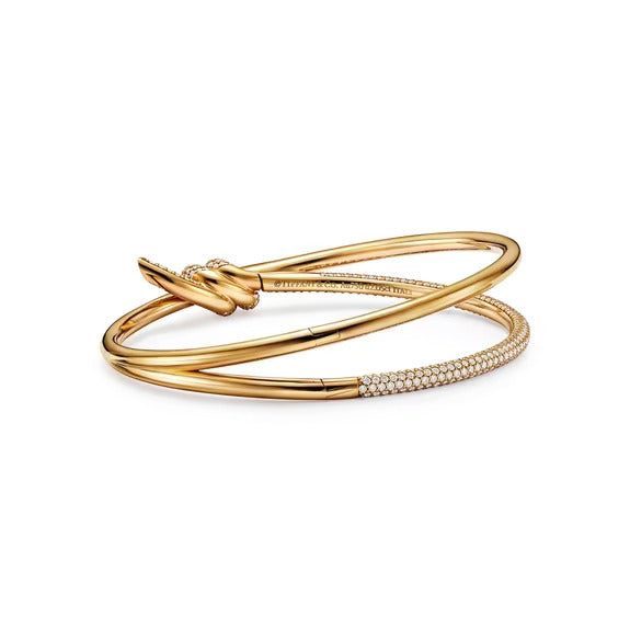 Tiffany Knot Double Row Hinged Bangle in Yellow Gold with Diamonds - Image 4