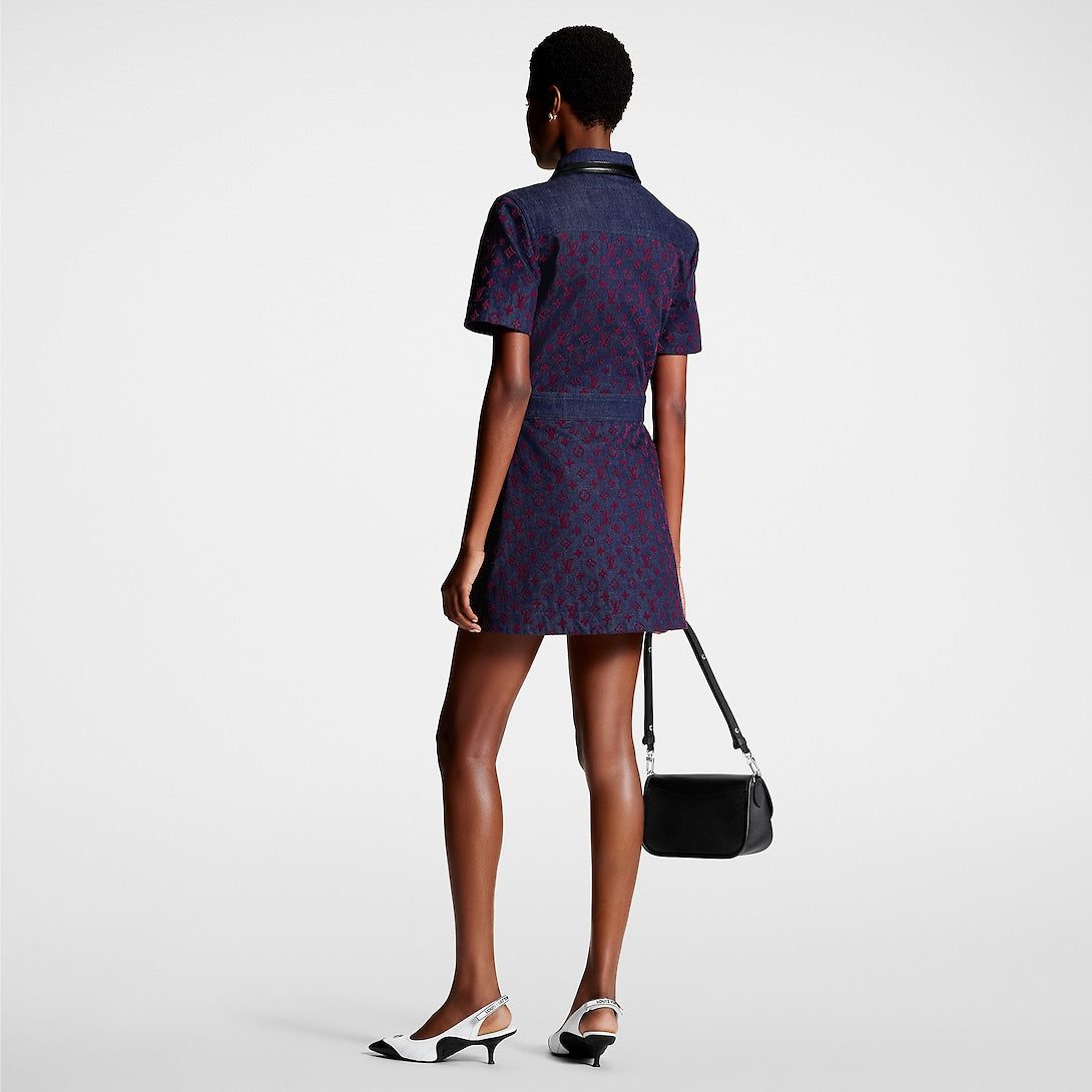 Louis Vuitton Flocked Monogram Denim Zip-Up Dress - Image 3