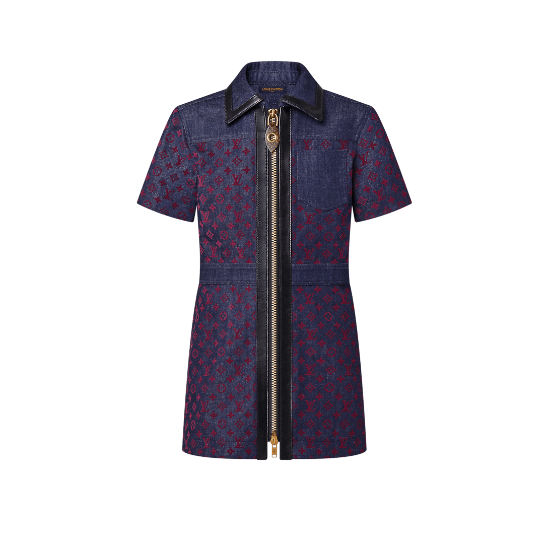 Louis Vuitton Flocked Monogram Denim Zip-Up Dress