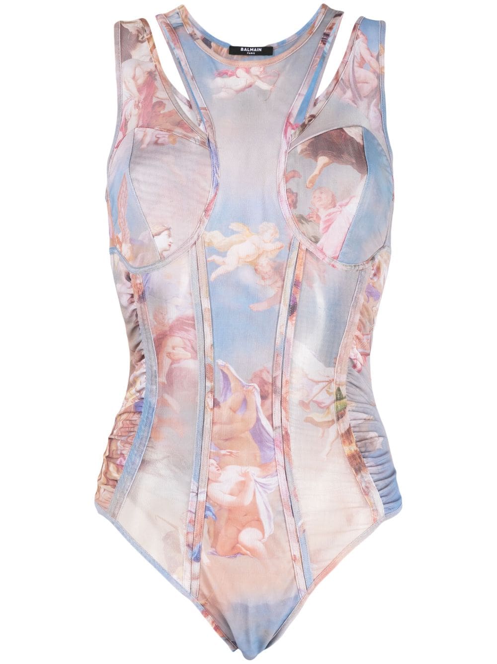 Balmain Sky-print tulle bodysuit