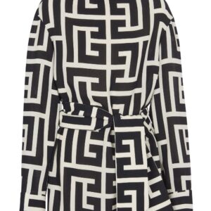 Balmain monogram-pattern belted blouse