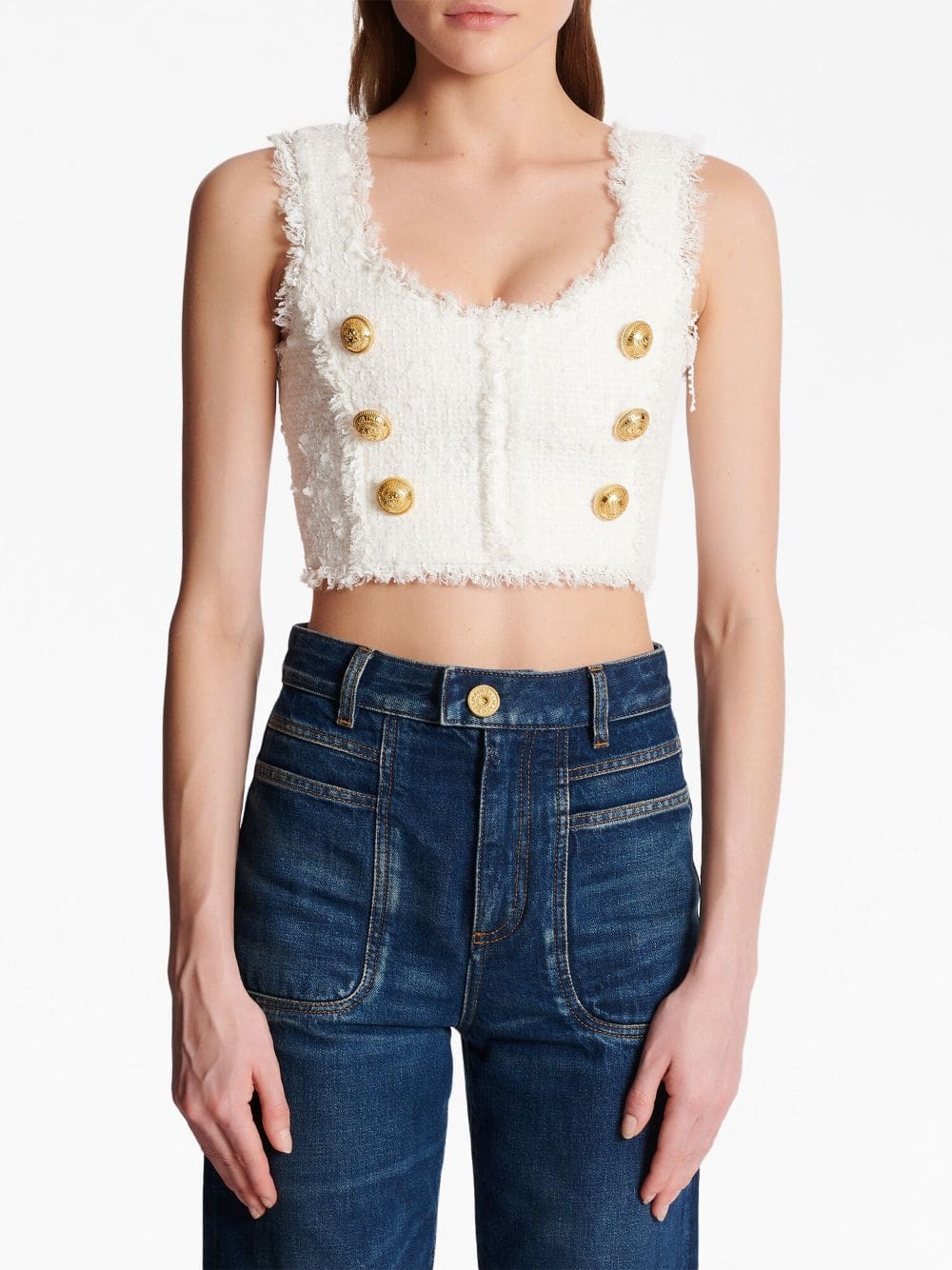 Balmain button-detail tweed cropped top - Image 5