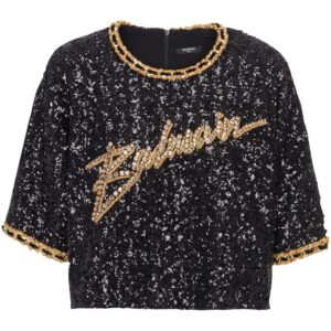 Balmain logo-embroidery sequin top