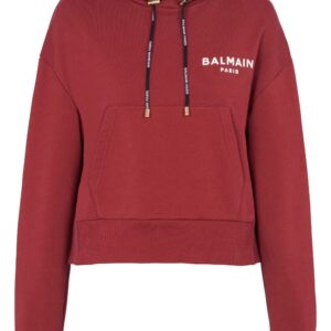 Balmain flocked-logo cropped hoodie