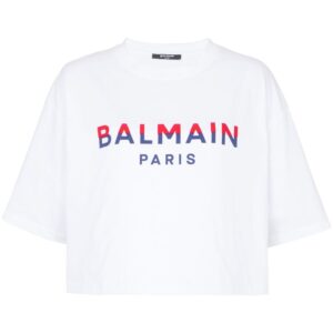 Balmain flocked-logo cropped organic-cotton T-shirt