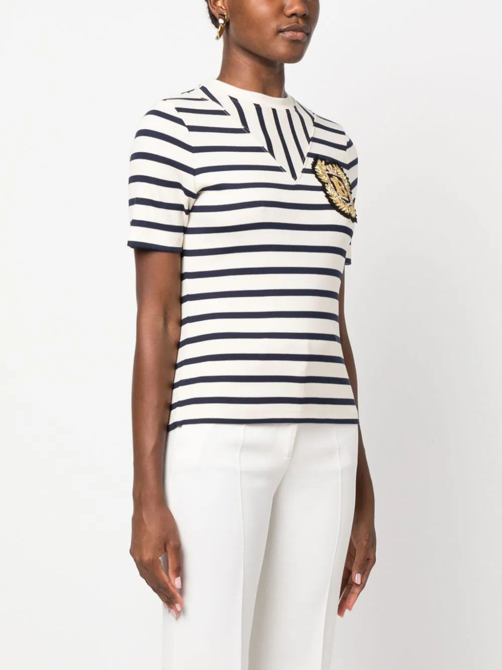 Balmain logo-patch ribbed-knit striped T-shirt - Image 3