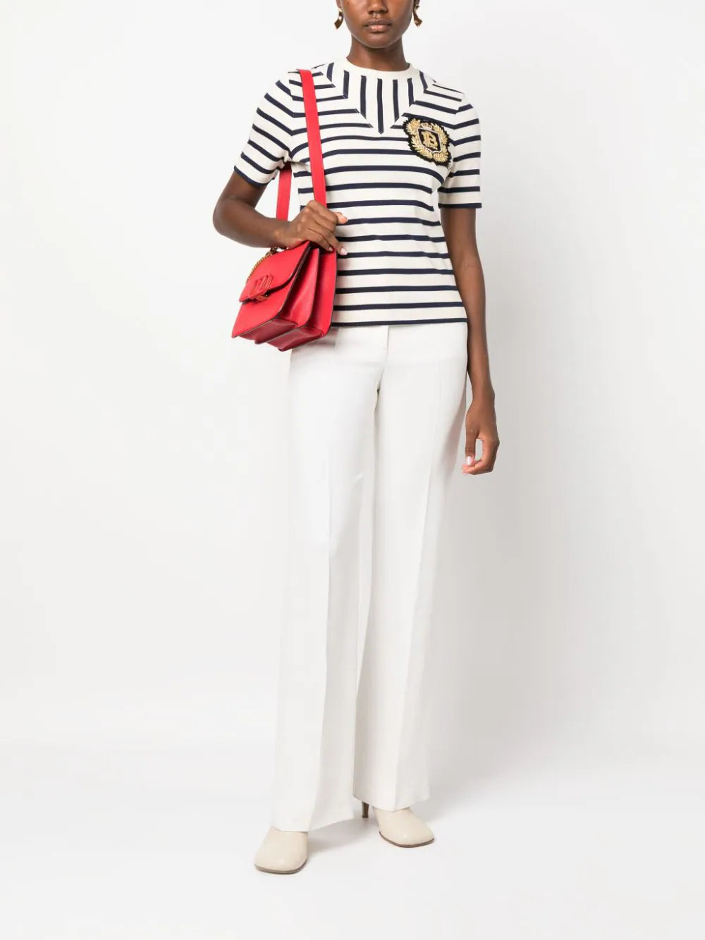 Balmain logo-patch ribbed-knit striped T-shirt - Image 2