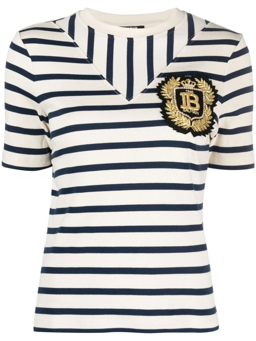 Balmain logo-patch ribbed-knit striped T-shirt