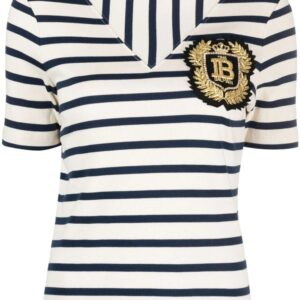 Balmain  logo-patch ribbed-knit striped T-shirt