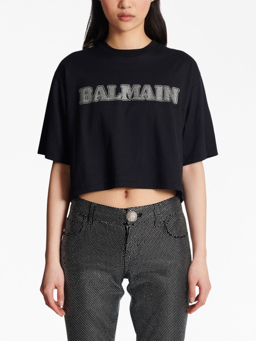 Balmain rhinestone-logo cropped cotton T-shirt - Image 5