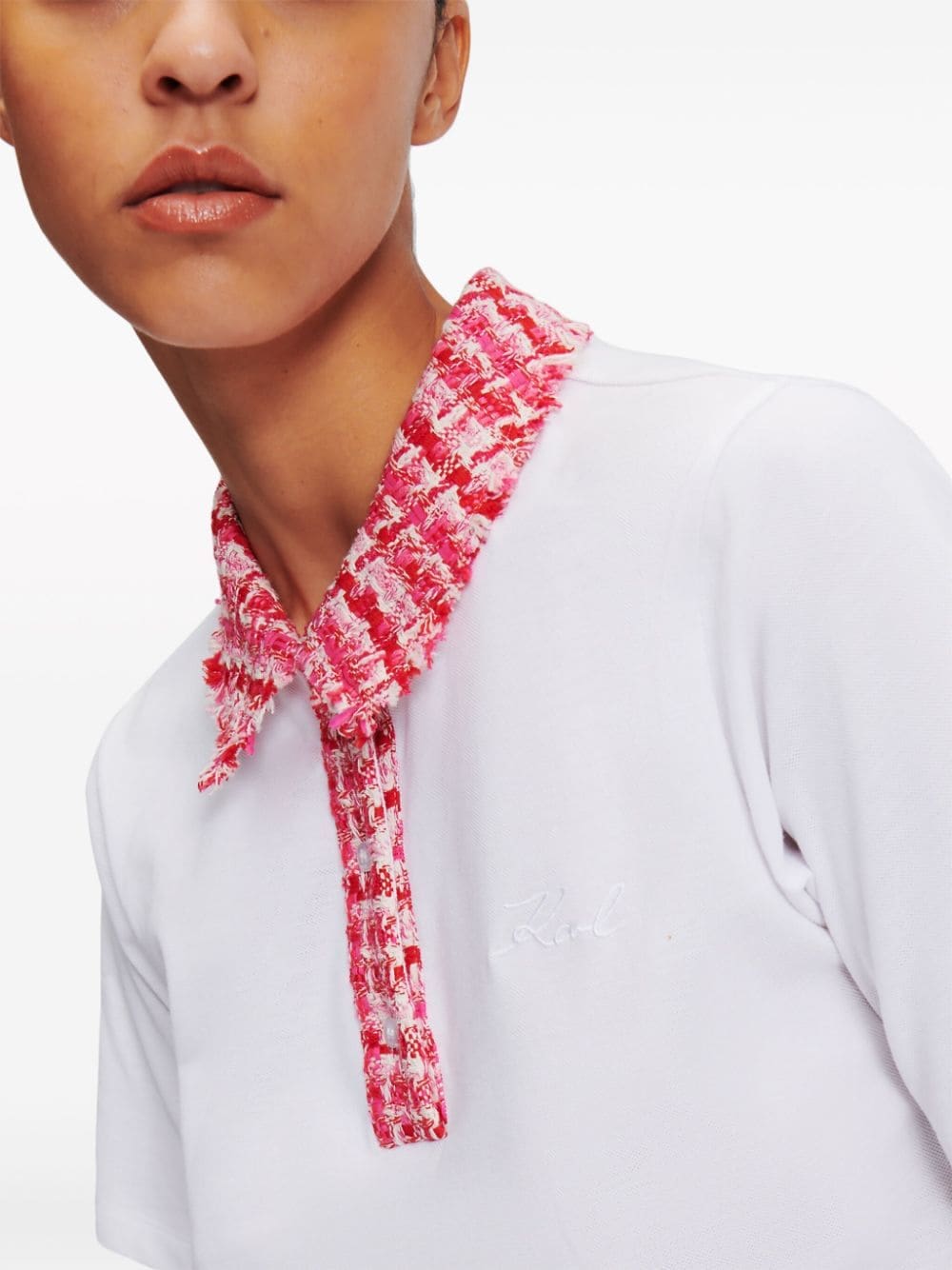 Karl Lagerfeld logo-embroidered bouclé-trim polo top - Image 5