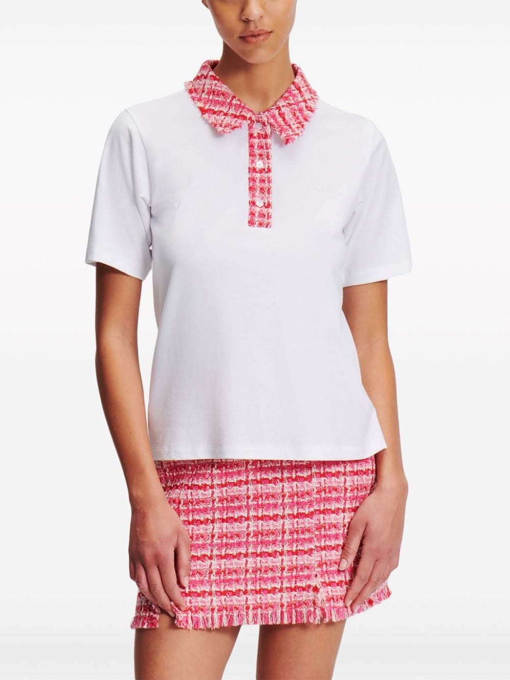 Karl Lagerfeld logo-embroidered bouclé-trim polo top - Image 3