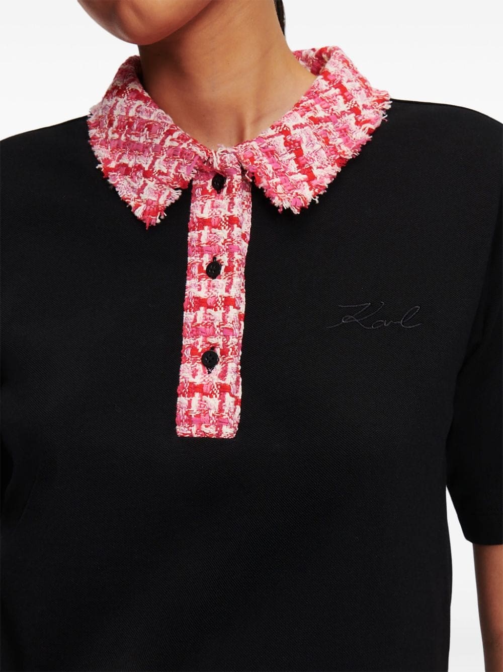Karl Lagerfeld logo-embroidered bouclé-trim polo top - Image 5
