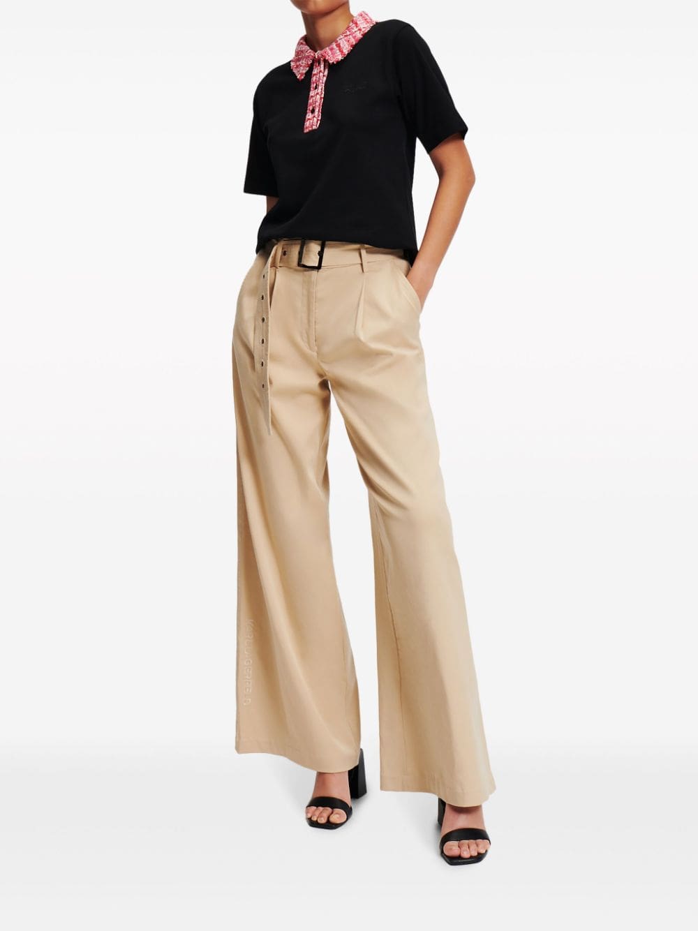 Karl Lagerfeld logo-embroidered bouclé-trim polo top - Image 2