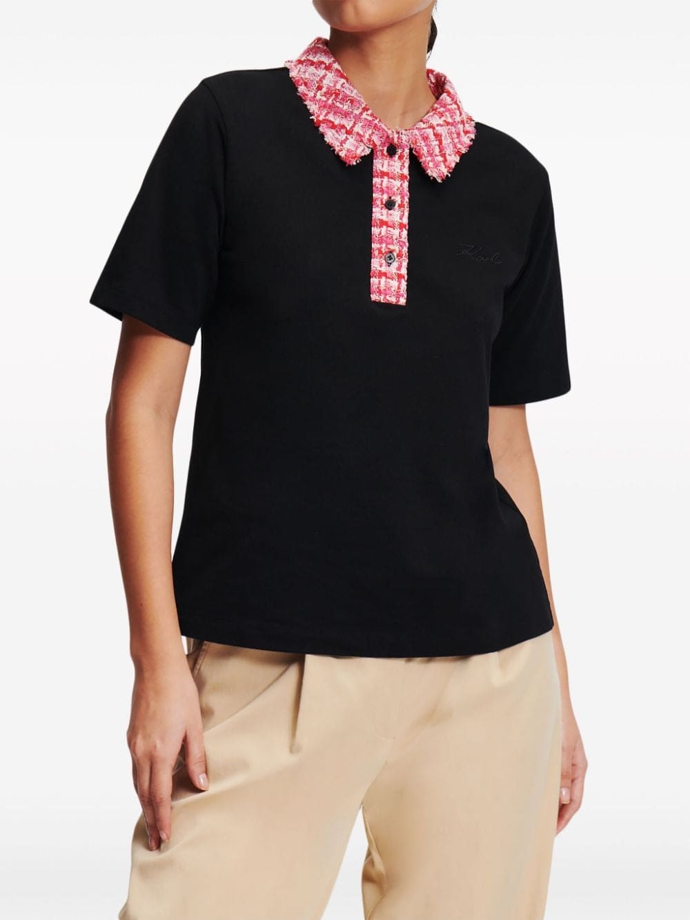 Karl Lagerfeld logo-embroidered bouclé-trim polo top - Image 3