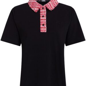 Karl Lagerfeld logo-embroidered bouclé-trim polo top