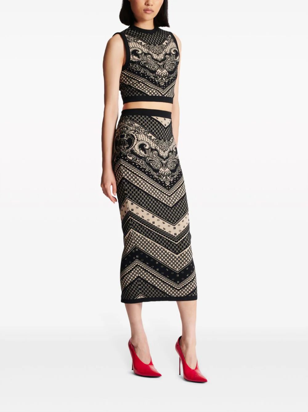 Balmain monogram-pattern knitted pencil skirt - Image 3