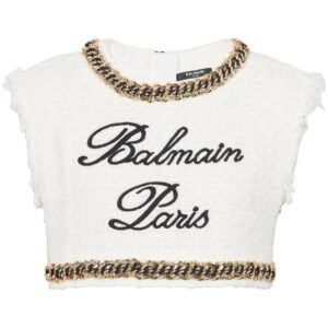 Balmain  Signature-embroidered tweed crop top