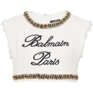 Balmain Signature-embroidered tweed crop top