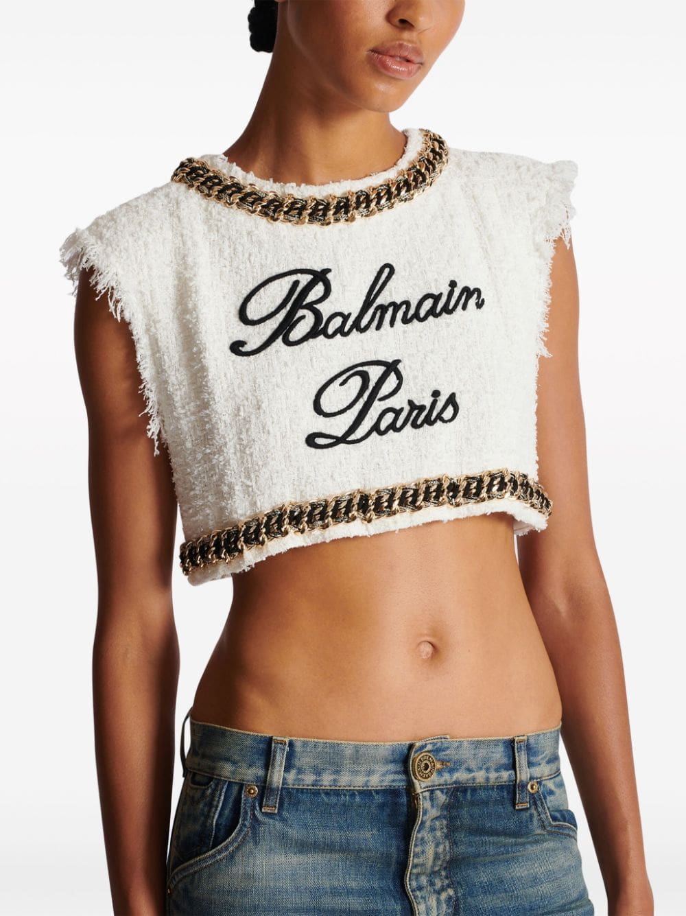 Balmain Signature-embroidered tweed crop top - Image 5