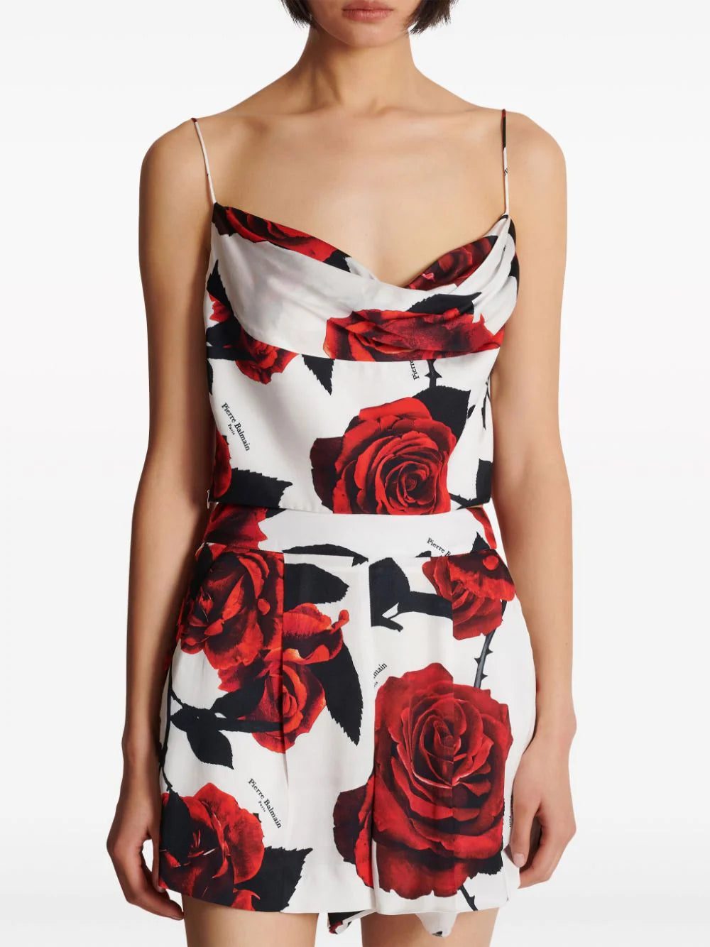 Balmain Roses-print draped satin top - Image 4