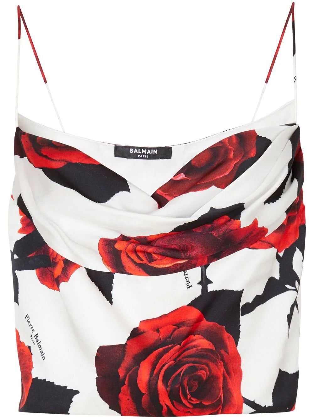 Balmain Roses-print draped satin top