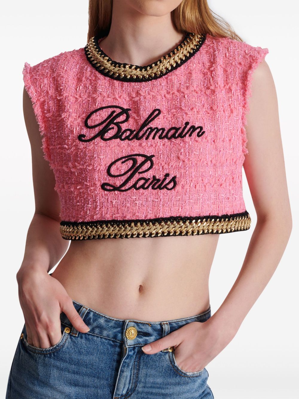 Balmain logo-embroidered tweed crop top - Image 5