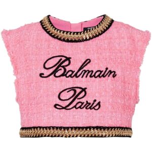 Balmain logo-embroidered tweed crop top