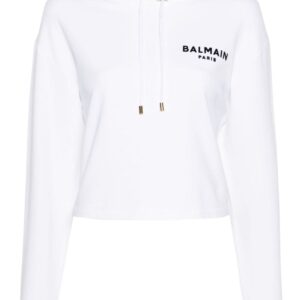 Balmain flocked-logo cropped hoodie