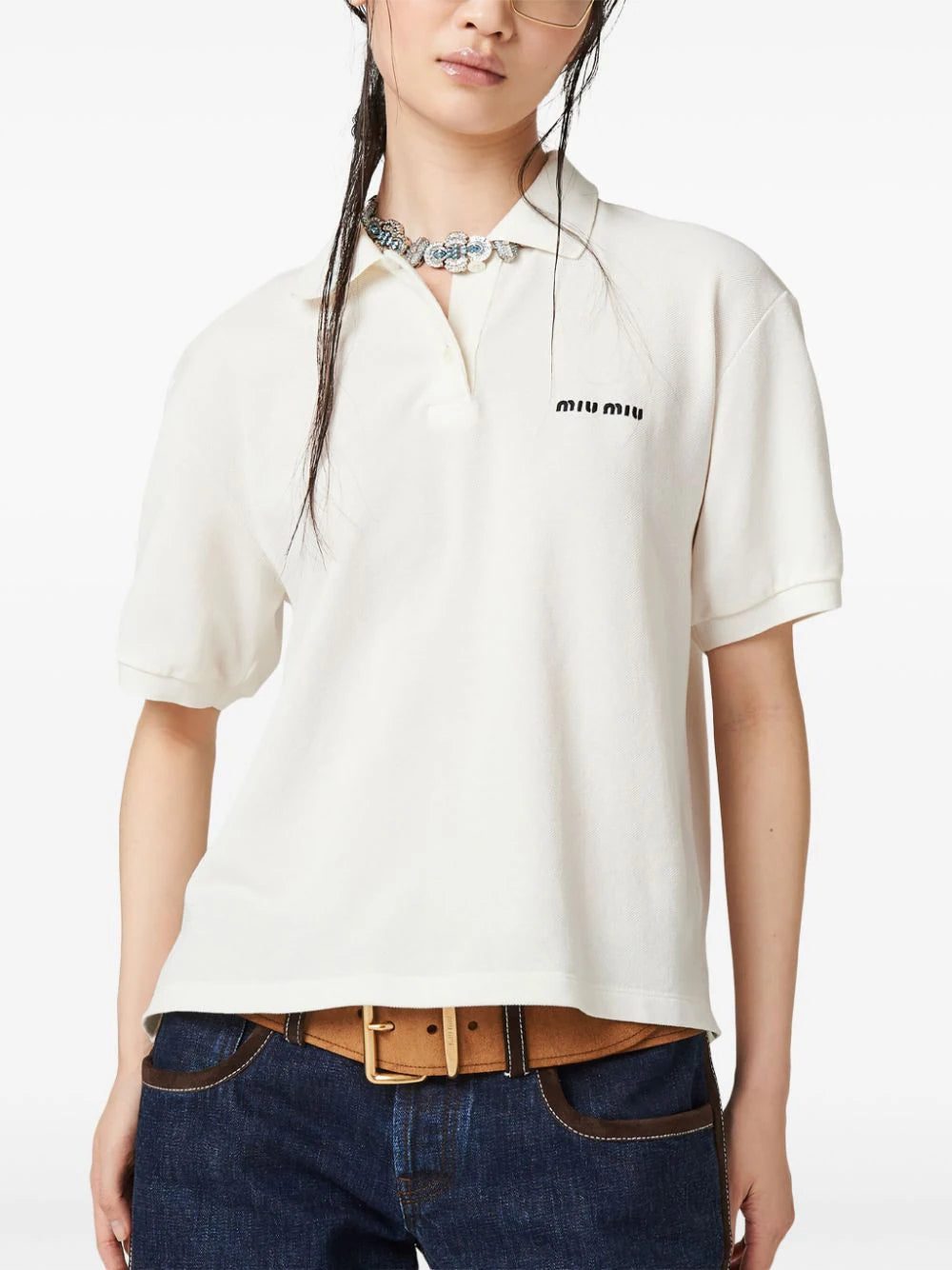 Miu Miu logo-embroidered cotton polo shirt - Image 4