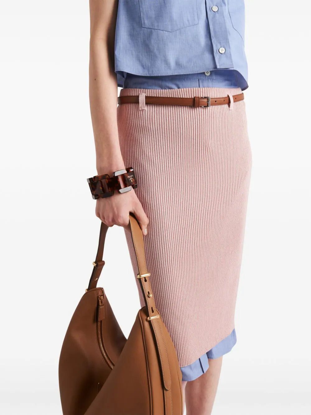 Prada belted ribbed cotton midi skirt - Image 4