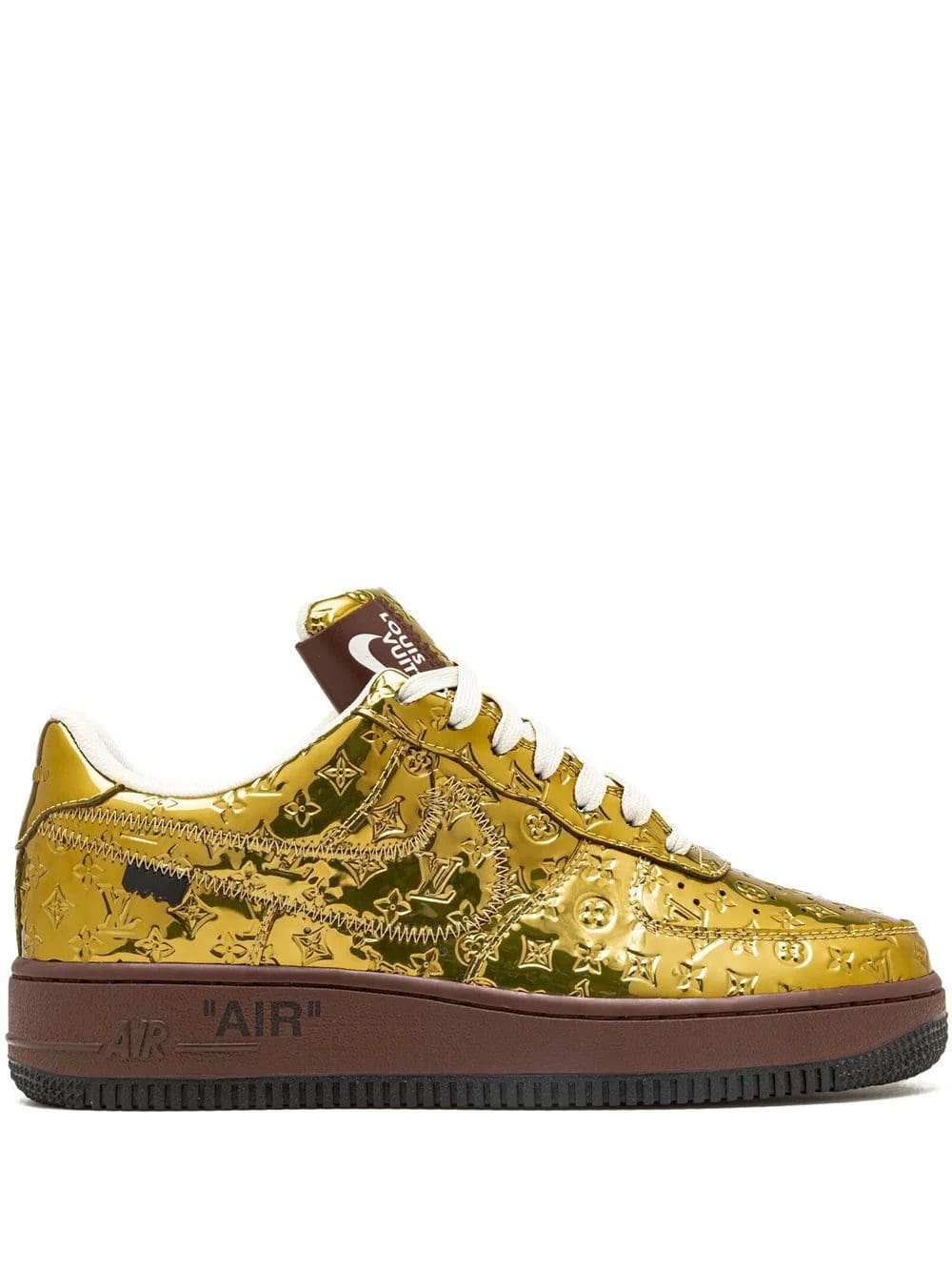 Nike x Louis Vuitton Air Force 1 Low "Virgil Abloh - Metallic Gold" sneakers.